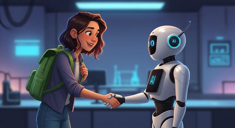 Gina shaking hands with an AI robot