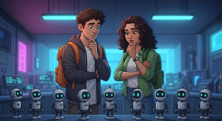 Tommy and Gina looking at an array of little robots