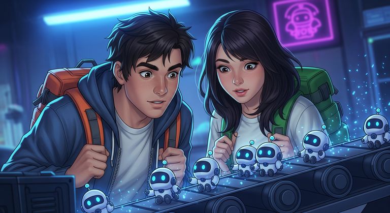 Tommy and Gina looking at cute little robots carried by a conveyor belt