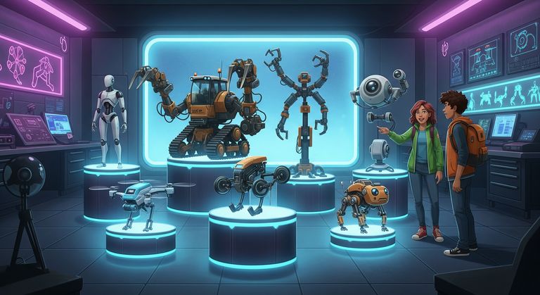 Tommy and Gina choosing from different robot models standing on pedestals