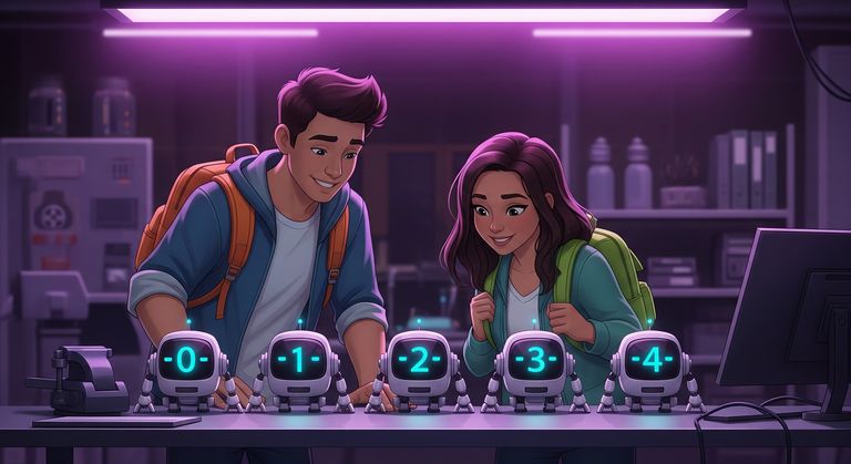 Tommy and Gina looking at five small and cute robots standing on a desk in the ascending order, with numbers displayed on robots' displays