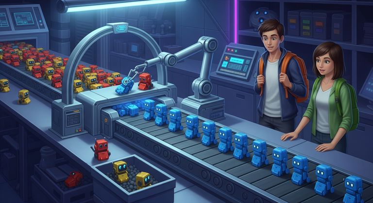 Tommy and Gina looking at a conveyor belt sorting robots by blue color at the checkpoint