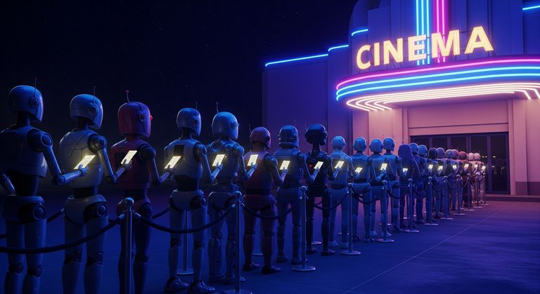 Robots with cinema tickets in their hands standing at the cinema entrance in a line