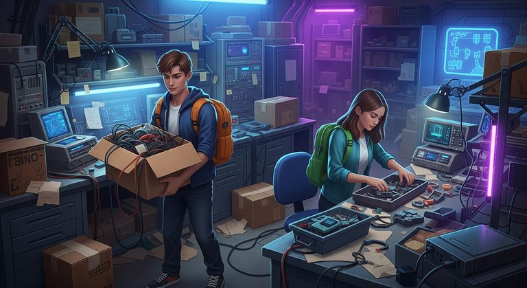 Tommy and Gina are putting things in order at the lab
