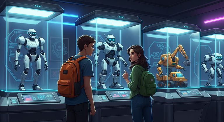 Tommy and Gina standing near shielded cells with robots
