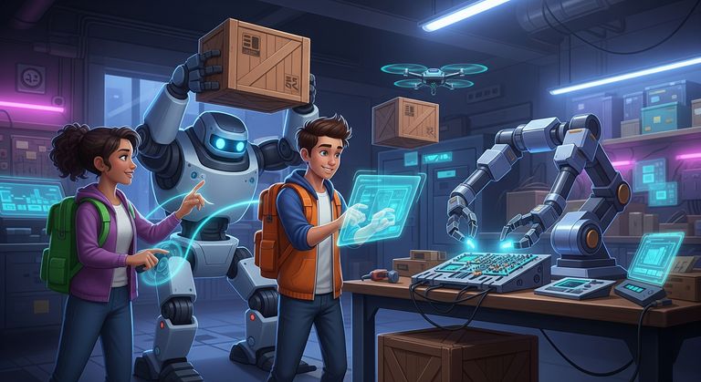 Tommy and Gina are working at the workshop with robots