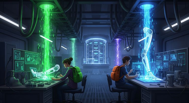 Tommy and Gina are working at their desks while holographic beams project the robots parts on their desks