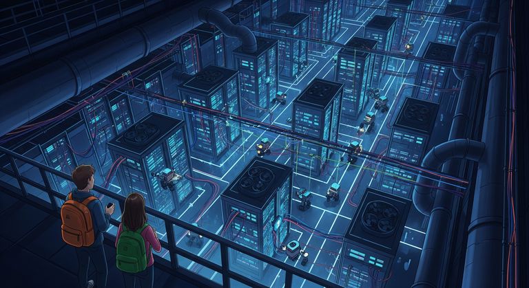 Tommy and Gina looking at robots working in a data center