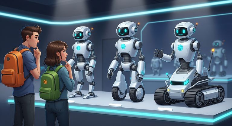 Tommy and Gina looking at three similar robot builds having the same bodies but different types of legs: robotic legs, wheels, and tracks