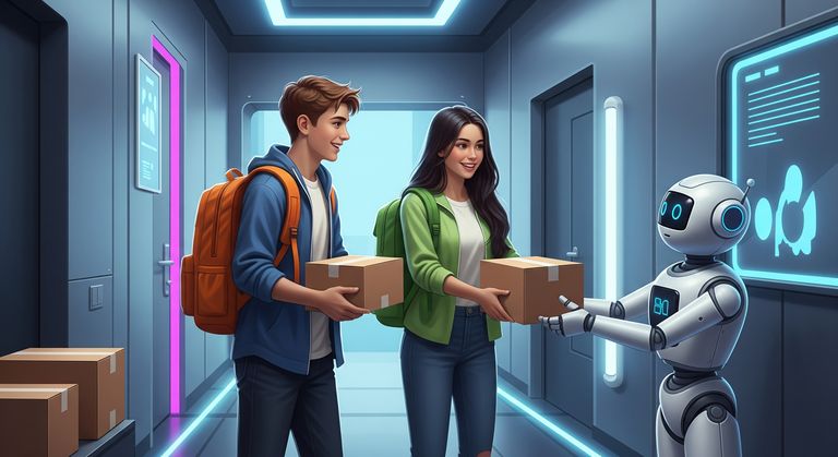 Tommy and Gina are picking up delivery boxes from a robot
