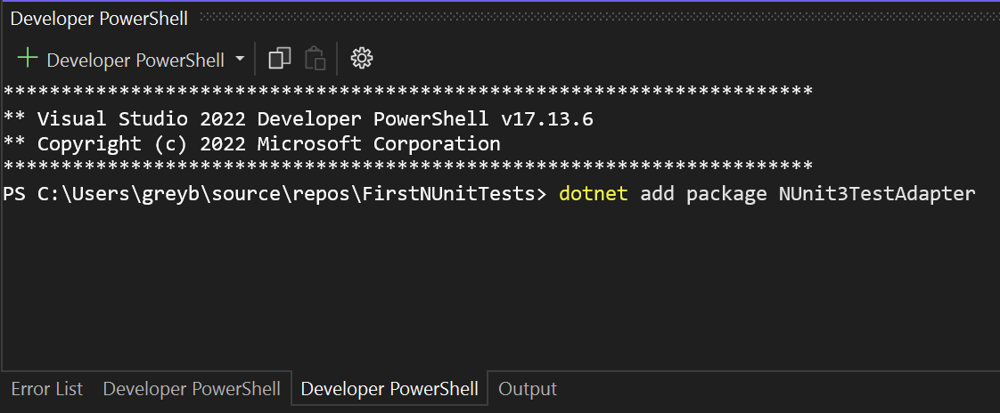 Run 'dotnet add package NUnit3TestAdapter' command from CLI
