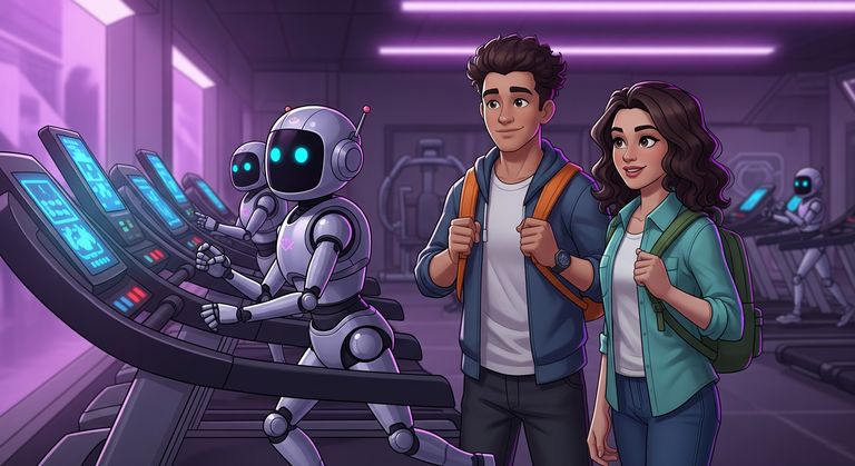 Tommy and Gina are watching robots run on treadmills