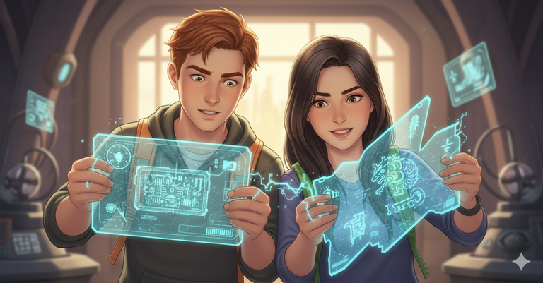 Tommy and Gina holding pieces of a map