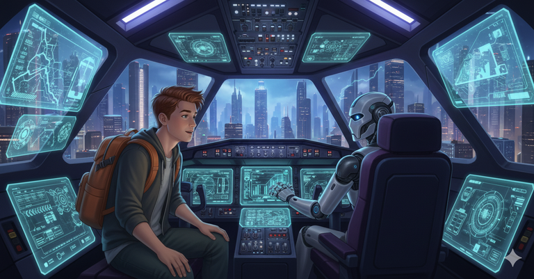 Tommy sitting in the plane cockpit with a robot pilot