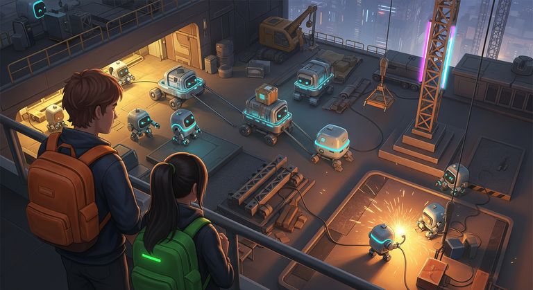 Tommy and Gina watching robots working at the construction site