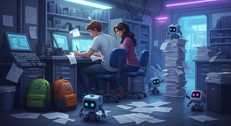 Tommy and Gina are working in the lab amidst piles of pages