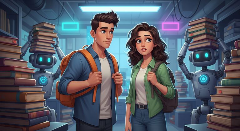 Tommy and Gina are looking at robots carrying piles of books
